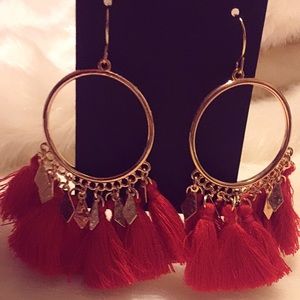 Hand made red and gold fringe earrings